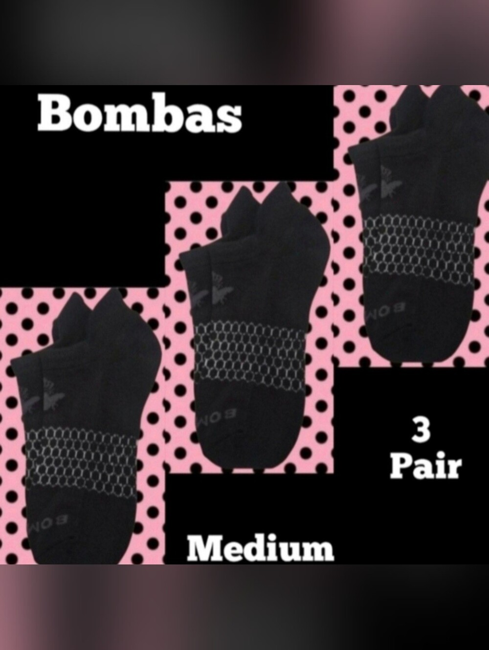 Bombas Ankle Socks Medium3 Pair Unisex Womens & MensHoneycomb Black/Grey BNWT